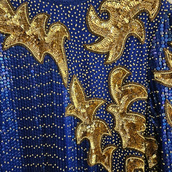 Vintage DejaVu 100% Silk Fully Beaded & Sequined Navy & Gold Size Large - Picture 3 of 7